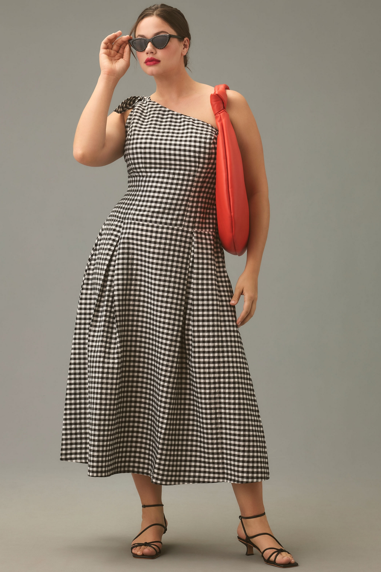 By Anthropologie One-Shoulder Gingham Midi Dress