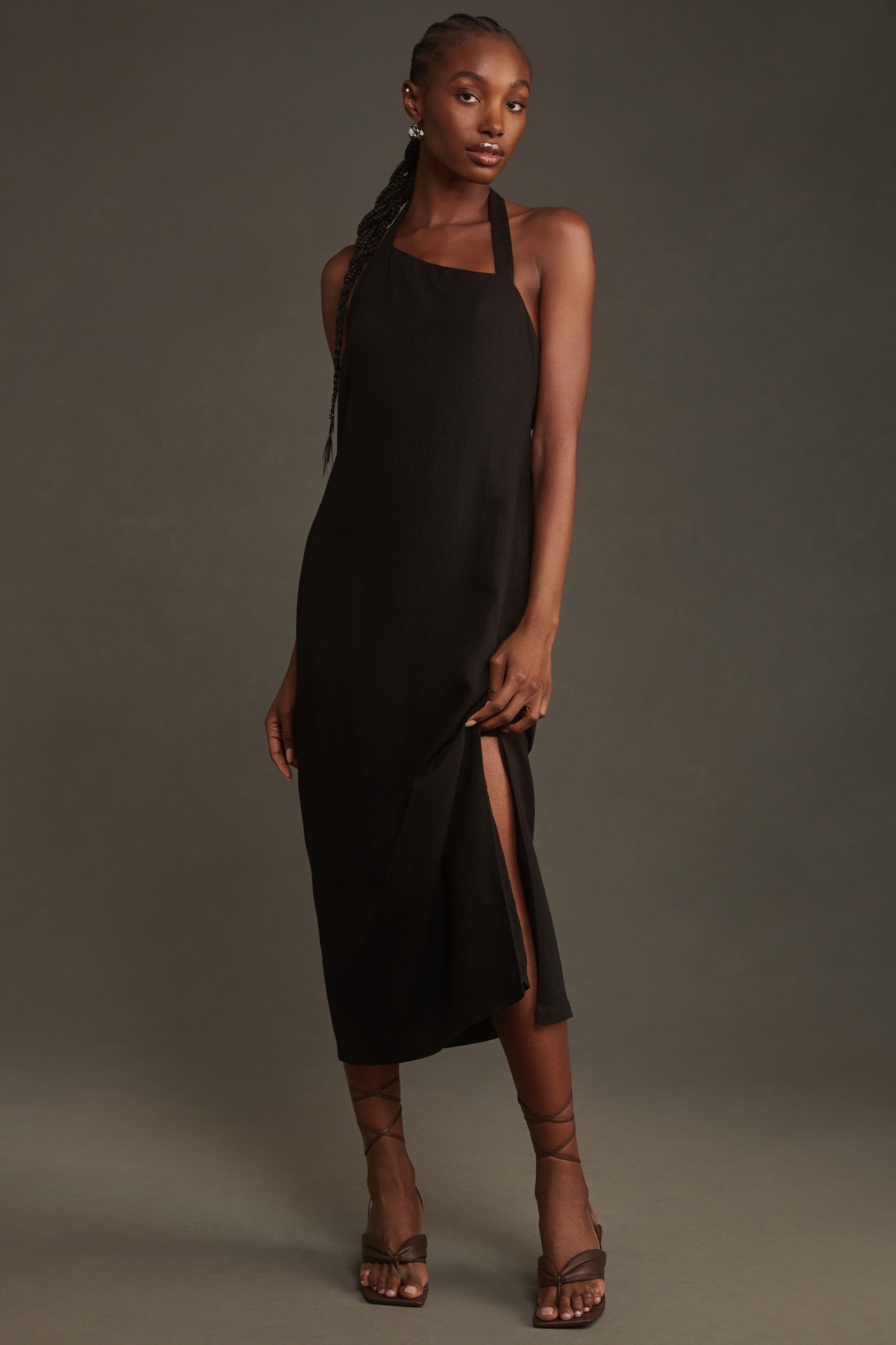 By Anthropologie Linen Asymmetrical Halter Belt Back Column Midi Dress