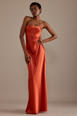 Anthropologie The Fleur Strapless Satin Maxi Slip Dress In Red