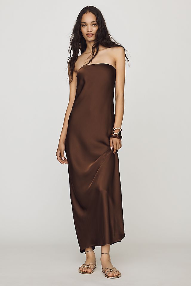 the fleur strapless satin maxi slip dress By Anthropologie In Pink Offered in a stunning strapless silhouette Anthropologie Fleur Strapless Satin Maxi