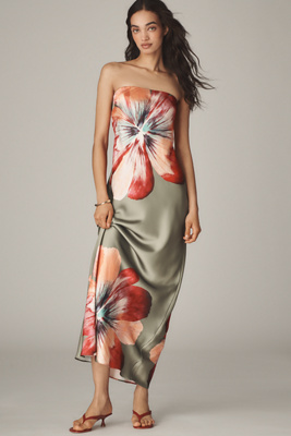 By Anthropologie The Fleur Strapless Satin Maxi Slip Dress In Beige