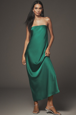 By Anthropologie The Fleur Strapless Satin Maxi Slip Dress In Green