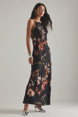 Anthropologie Halter Satin Maxi Slip Dress In Black