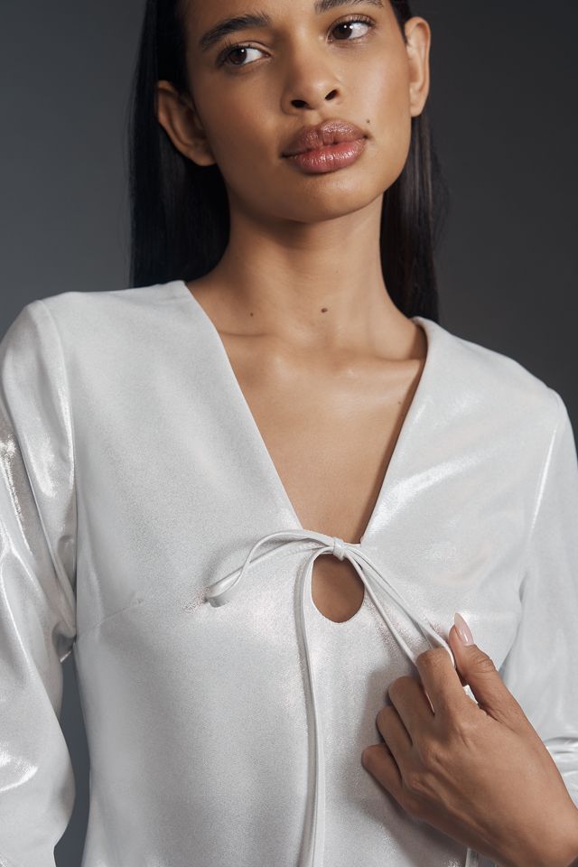 By Anthropologie Vestido Mini Metalizado de Manga Larga con Escote en V #3