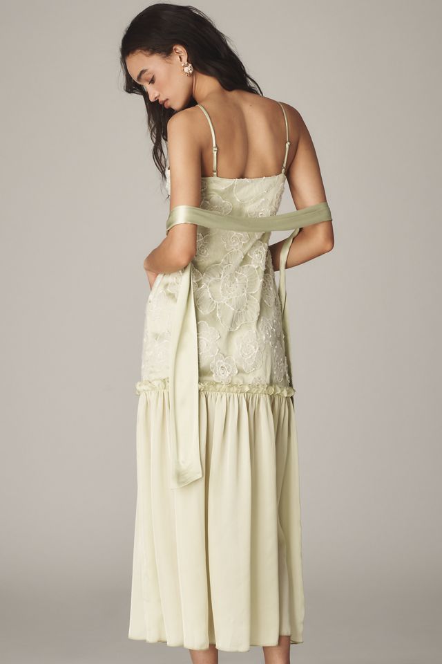By Anthropologie Sleeveless Embroidered Drop-Waist Midi Dress with Scarf