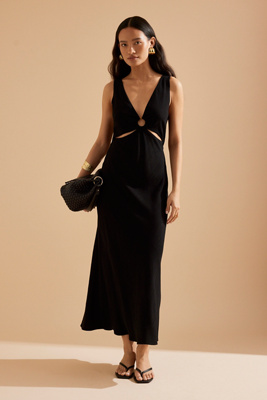 By Anthropologie Vestido Midi de Mezcla de Lino con Cuello en V Lola