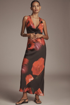 anthropologie The Gracie Cowl-Neck Satin Slip Maxi Dress Black Floral