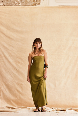 The Fleur Cowl Back Strapless Satin Maxi Slip Dress