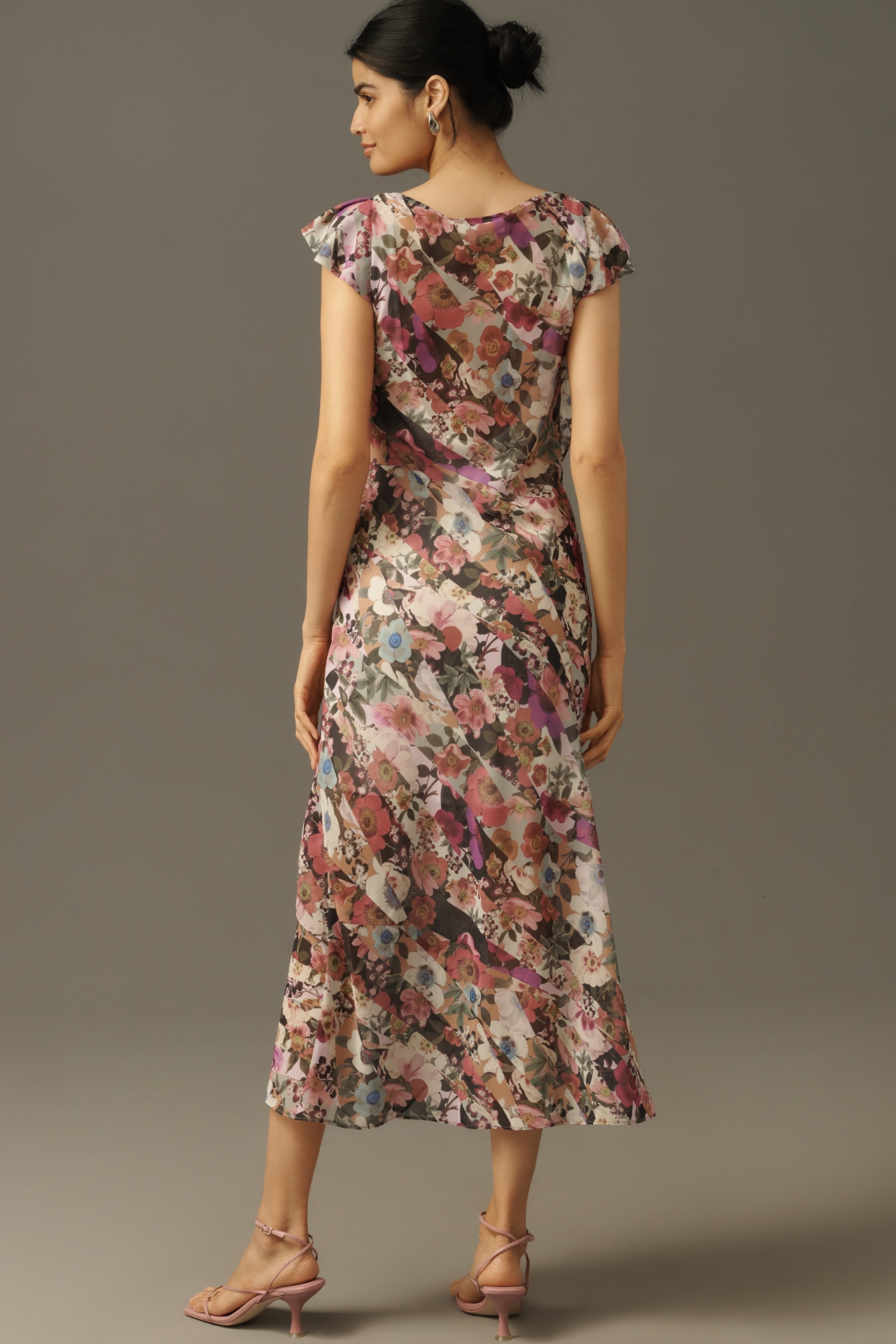By Anthropologie Ruffle-Sleeve Floral Slip Midi Dress