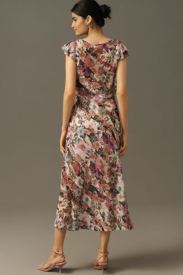 By Anthropologie Ruffle-Sleeve Floral Slip Midi Dress