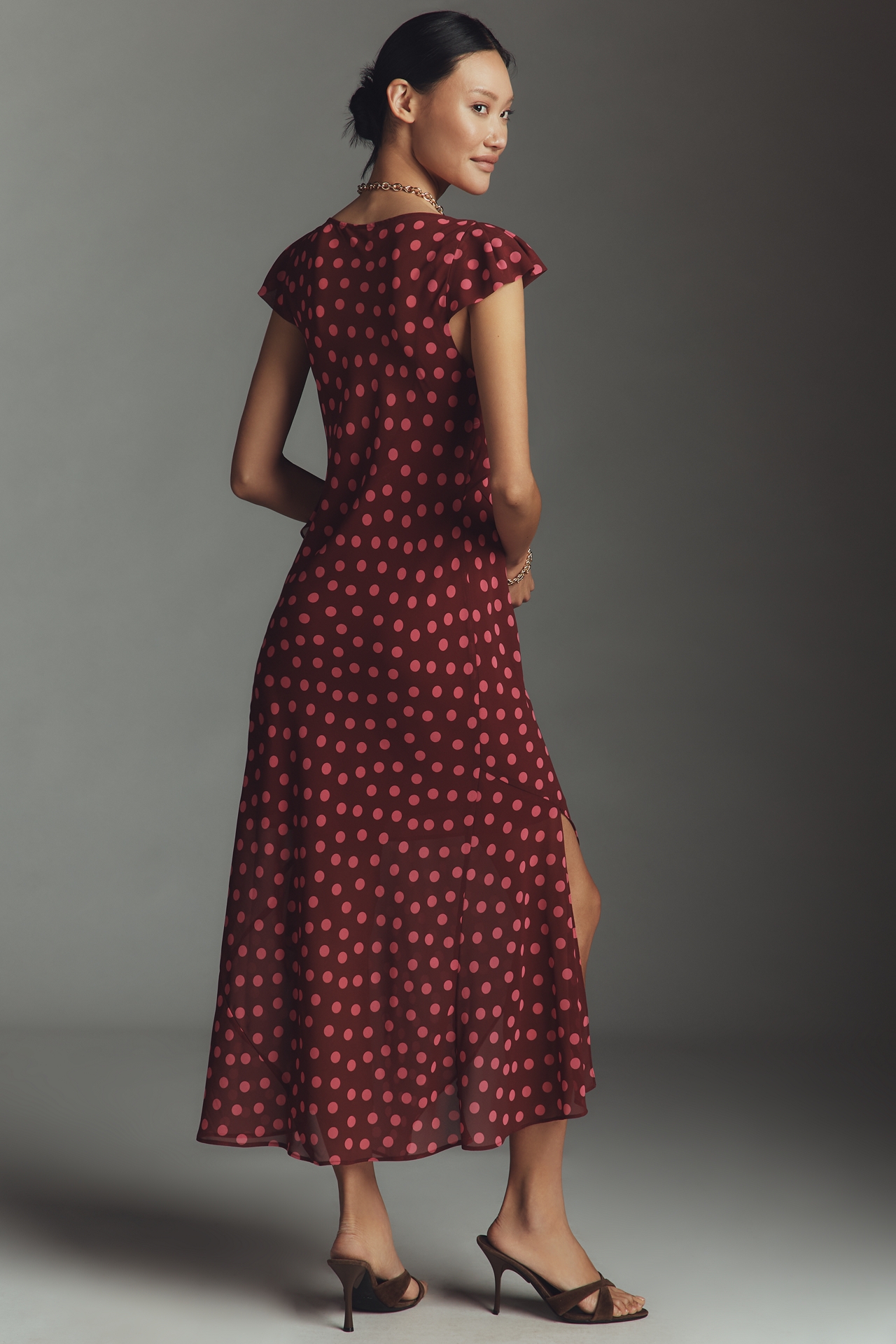 By Anthropologie Ruffle-Sleeve Floral Slip Midi Dress