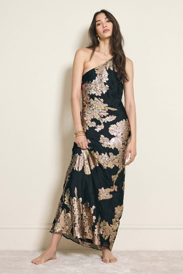 The Lily One-Shoulder Jacquard Midi Slip Dress