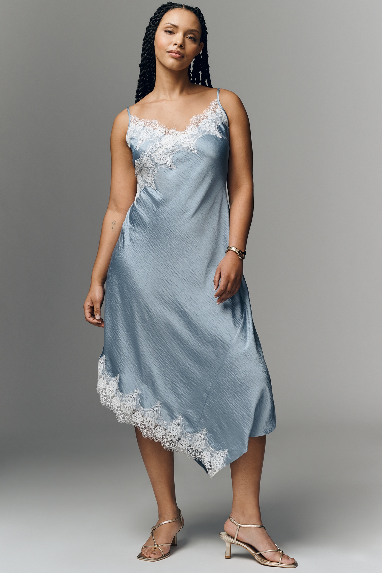 By Anthropologie Asymmetric Sleeveless Lace Slip Dress