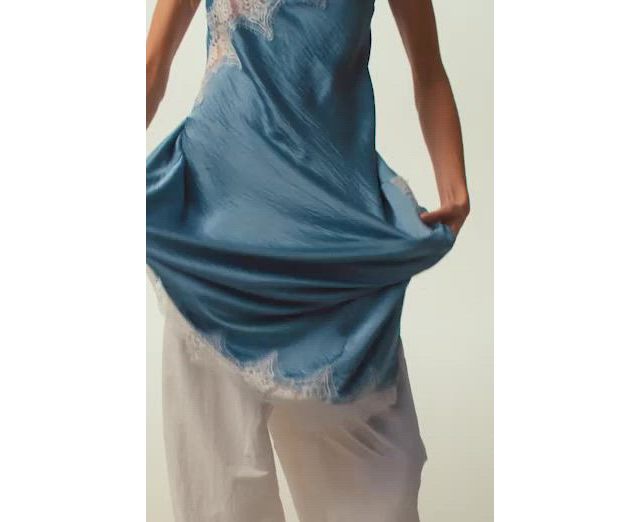 Asymmetric Sleeveless Lace Slip Dress by Anthropologie in Blue, Size: XS