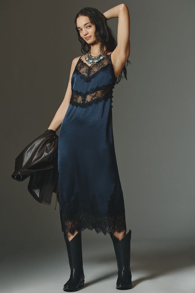Lacy Midi Slip Dress by Anthropologie in Blue, Size: XS