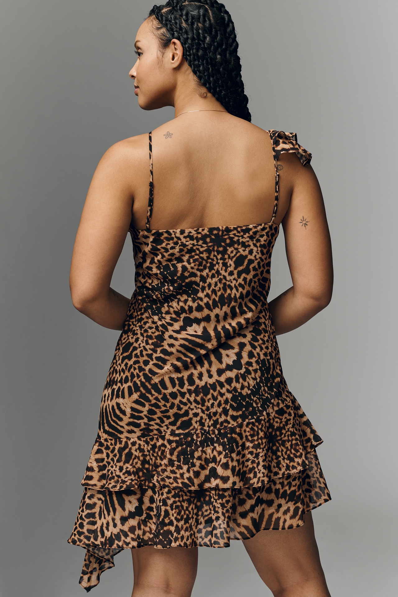 By Anthropologie Asymmetric Ruffle Animal Print Mini Dress