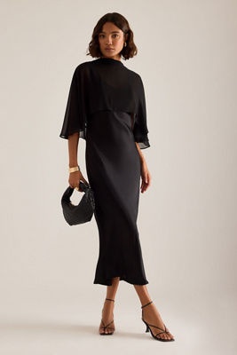 By Anthropologie Casey Cape Overlay Satin Midi Dress