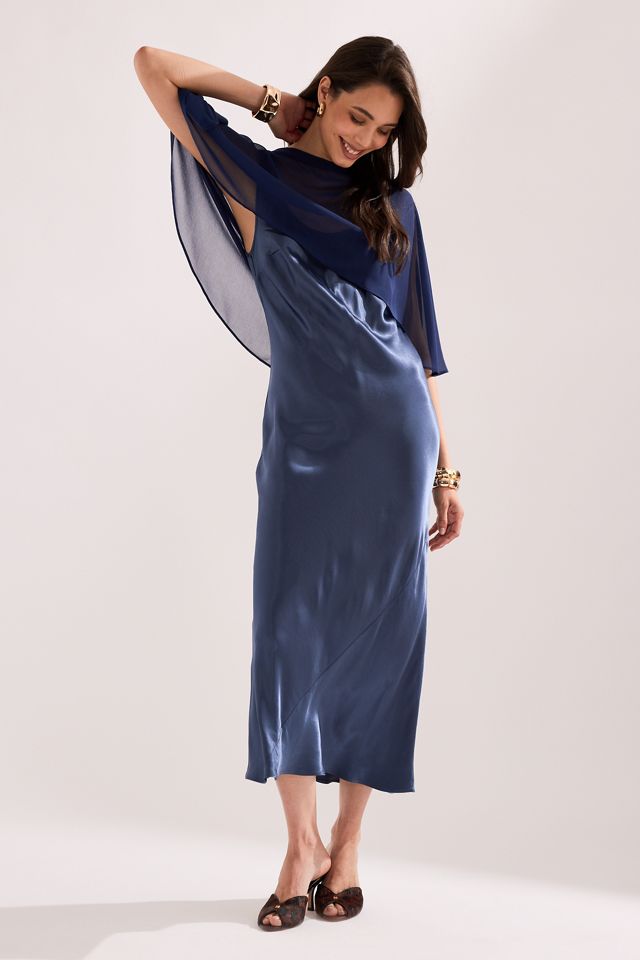 By Anthropologie Casey Cape Overlay Satin Midi Dress