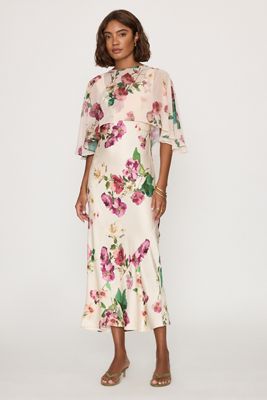 By Anthropologie Casey Cape Overlay Satin Midi Dress