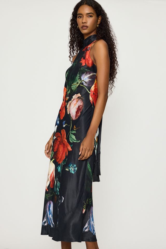 Robe longue dos nu en satin fleuri à pompons By Anthropologie #1