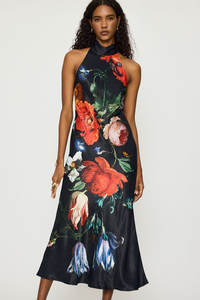 Robe longue dos nu en satin fleuri à pompons By Anthropologie #2