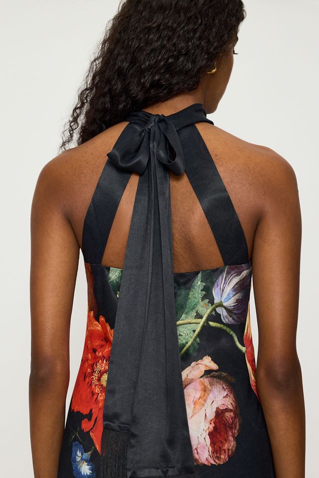 Robe longue dos nu en satin fleuri à pompons By Anthropologie #3