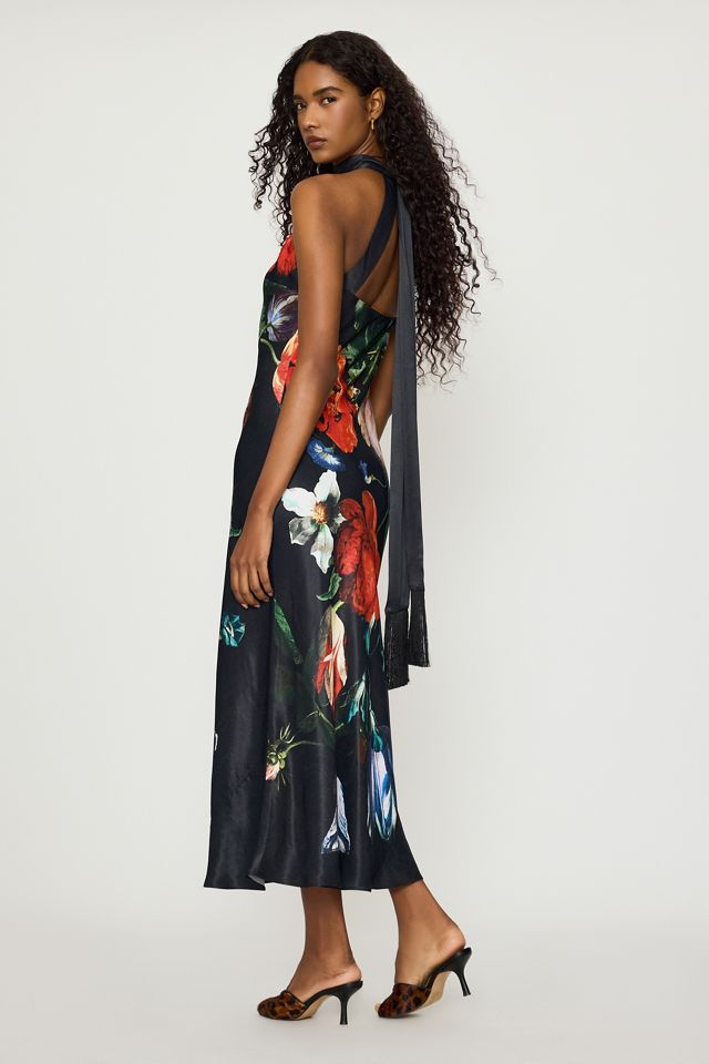 Robe longue dos nu en satin fleuri à pompons By Anthropologie #4