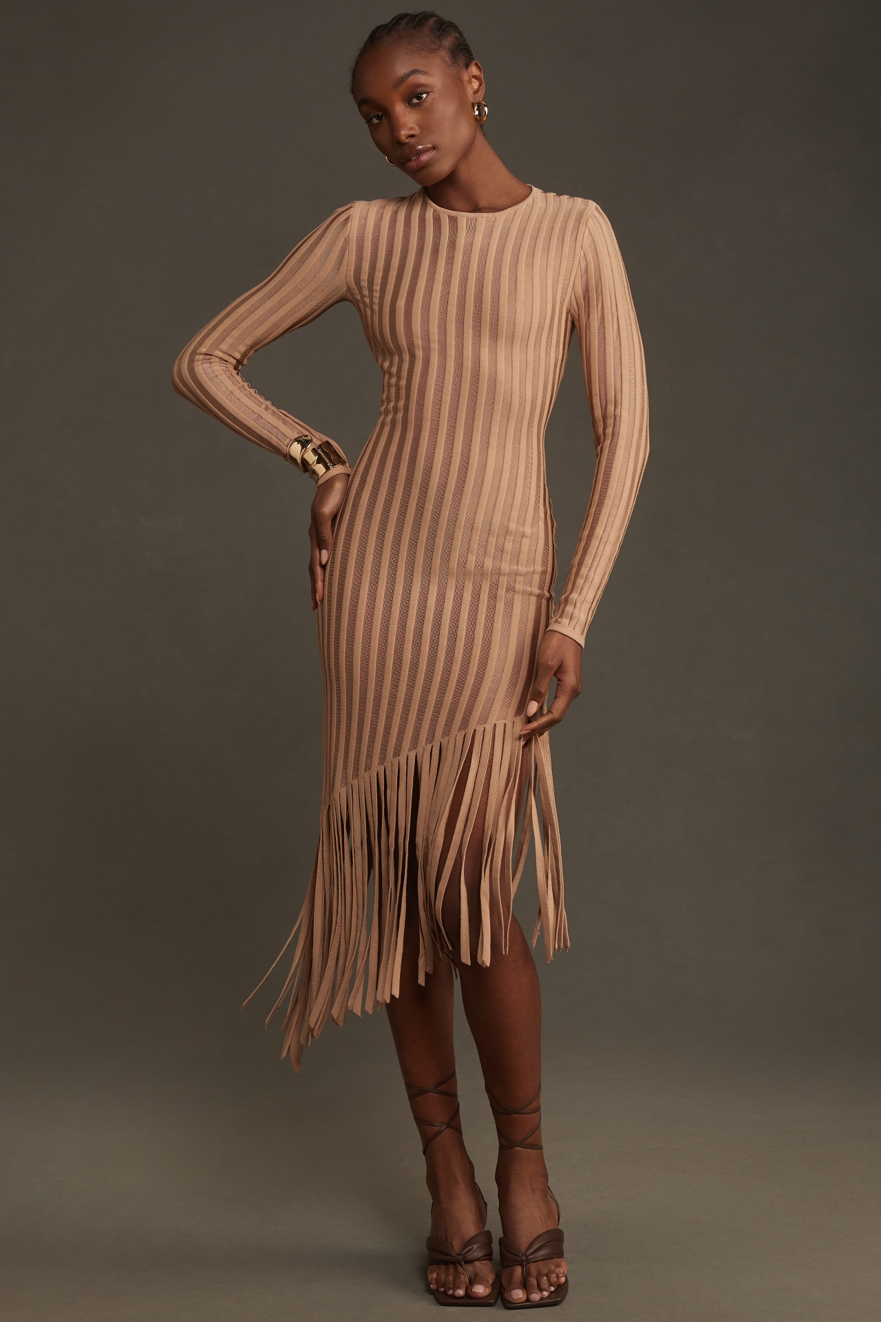 Ronny Kobo Galya Knit Asymmetric Fringe Midi Dress