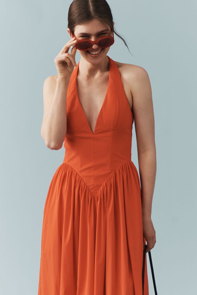 Ronny Kobo Filippa Halter V-Neck Basque-Waist Midi Dress #1
