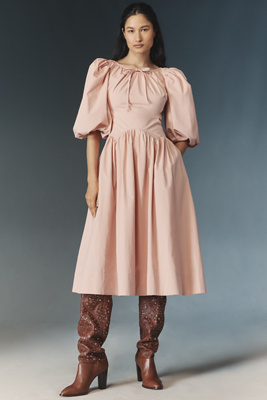 Allina Liu Emma Puff-sleeve Tie-back Midi Dress In Pink