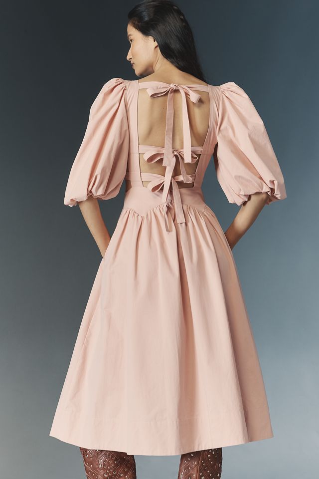 Allina Liu Emma Puff-Sleeve Tie-Back Midi Dress #1