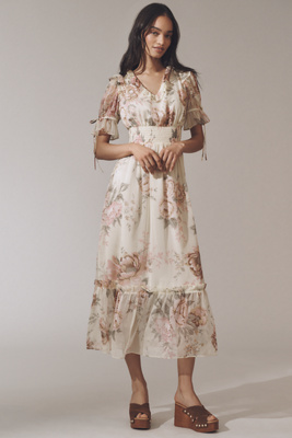 Shop Walter Baker Georgia Ruffled V-neck Midi Dress In Multicolor
