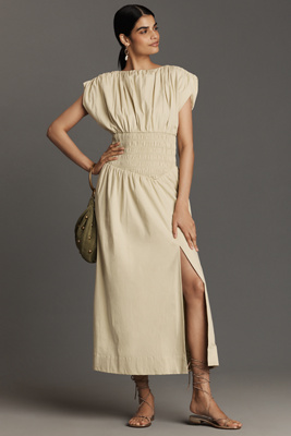 Sovere / Gaia Sleeveless Smocked Midi Dress In Metallic