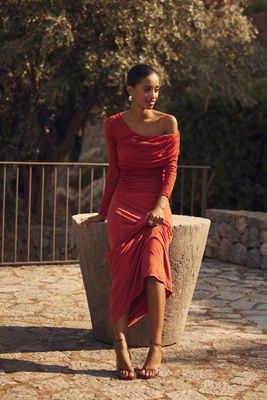 Sovere / Venus Long-sleeve Ruched Maxi Dress In Red
