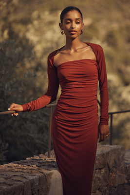 Sovere / Myriad Long-sleeve Ruched Midi Dress In Brown