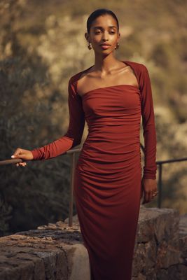 SOVERE Myriad Long-Sleeve Ruched Midi Dress