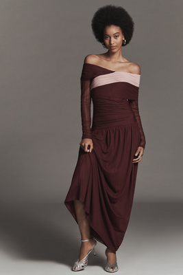 SOVERE Cascade Long-Sleeve Off-Shoulder Mesh Maxi Dress