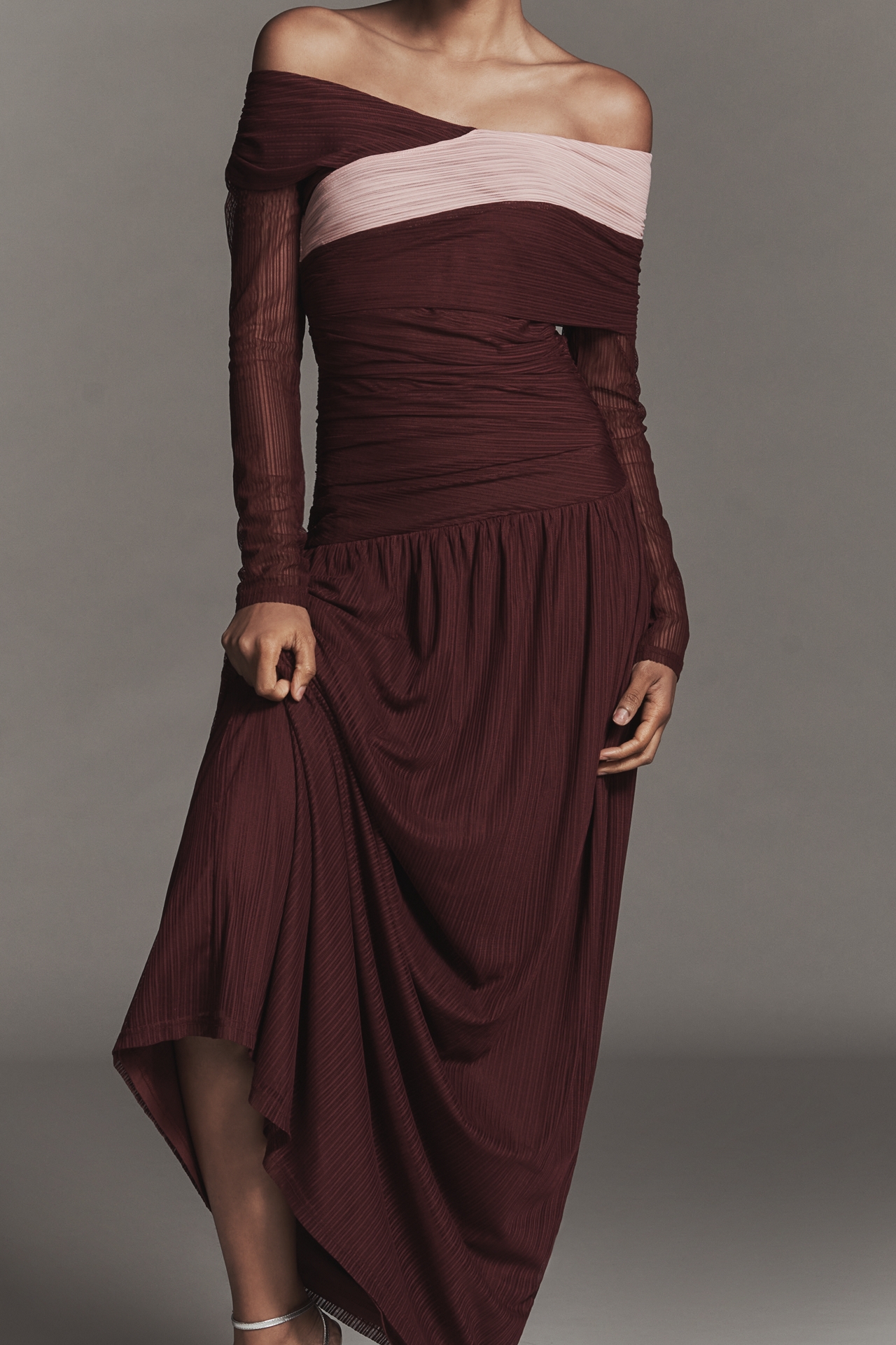 SOVERE Cascade Long-Sleeve Off-Shoulder Mesh Maxi Dress