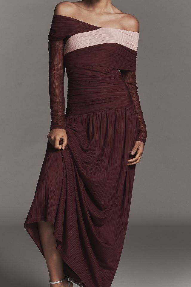 SOVERE Cascade Long-Sleeve Off-Shoulder Mesh Maxi Dress #1