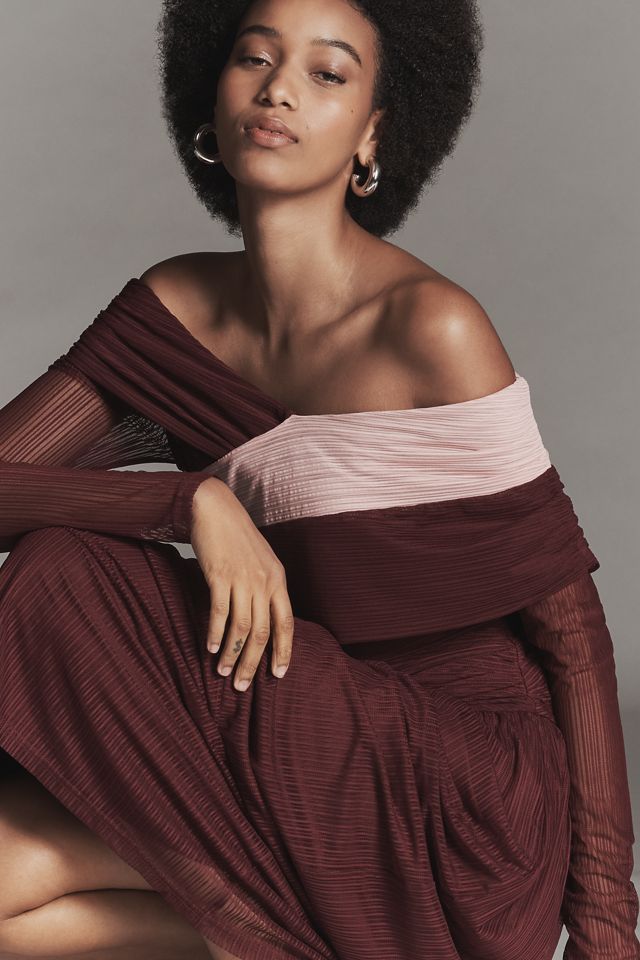 SOVERE Cascade Long-Sleeve Off-Shoulder Mesh Maxi Dress #2