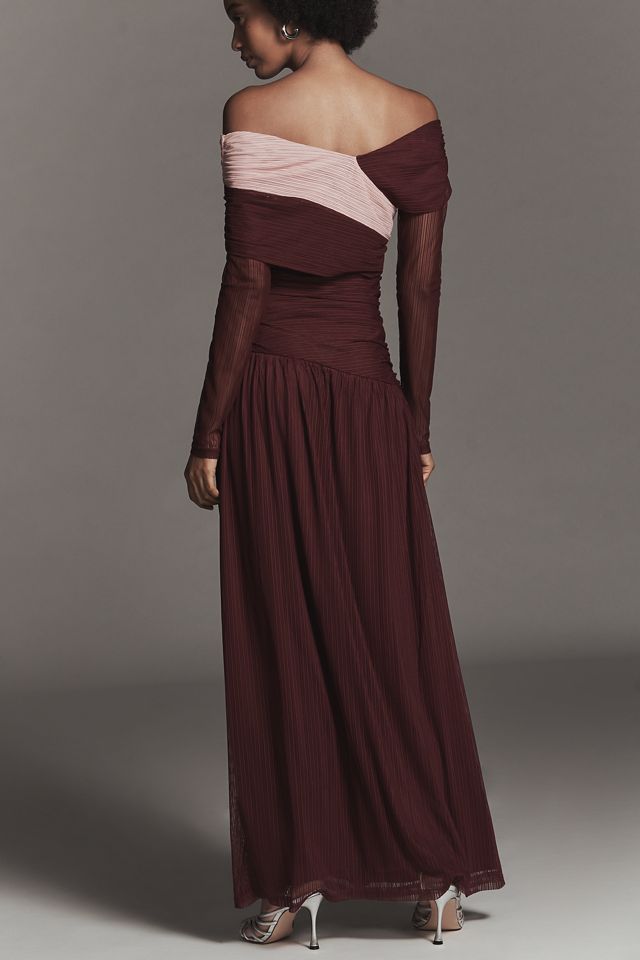 SOVERE Cascade Long-Sleeve Off-Shoulder Mesh Maxi Dress #3