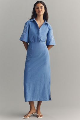 MON RENN Embroidered Midi Shirtdress