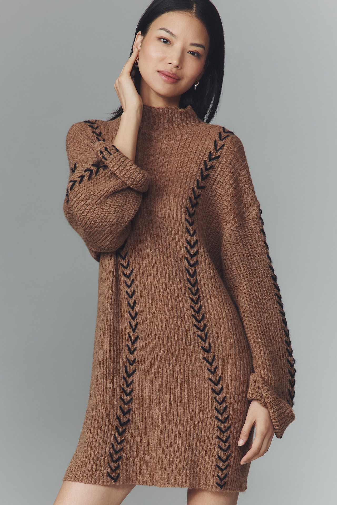 Renn Long-Sleeve Stitched Mini Sweater Dress