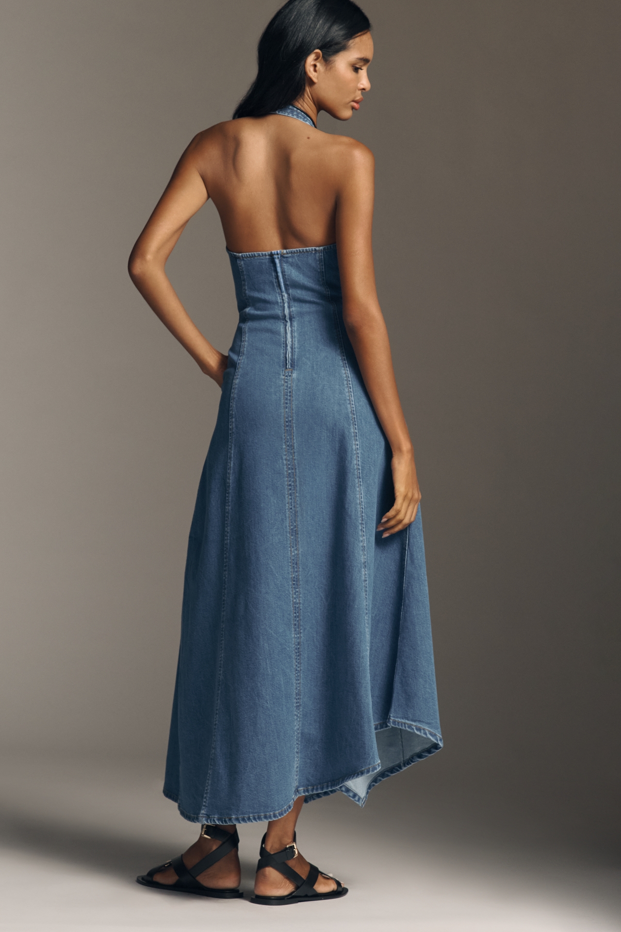 SOVERE Elodie Halter-Neck Denim Maxi Dress