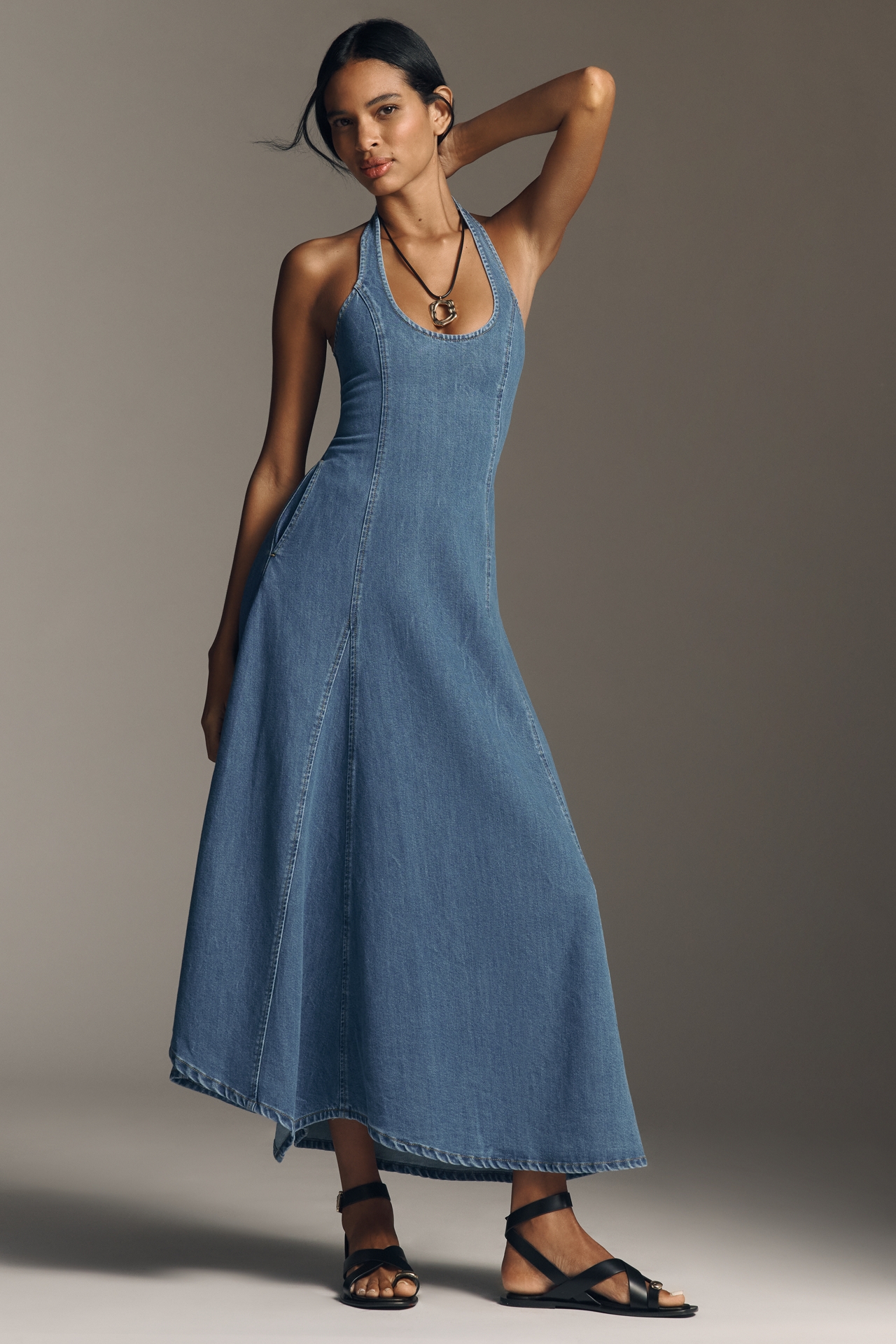 SOVERE Elodie Halter-Neck Denim Maxi Dress