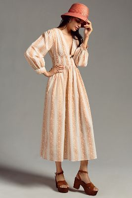 Mille Long-sleeve V-neck Dress In Gold