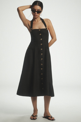 Mille Isla Linen Halter Square-neck Button-front Midi Dress In Black