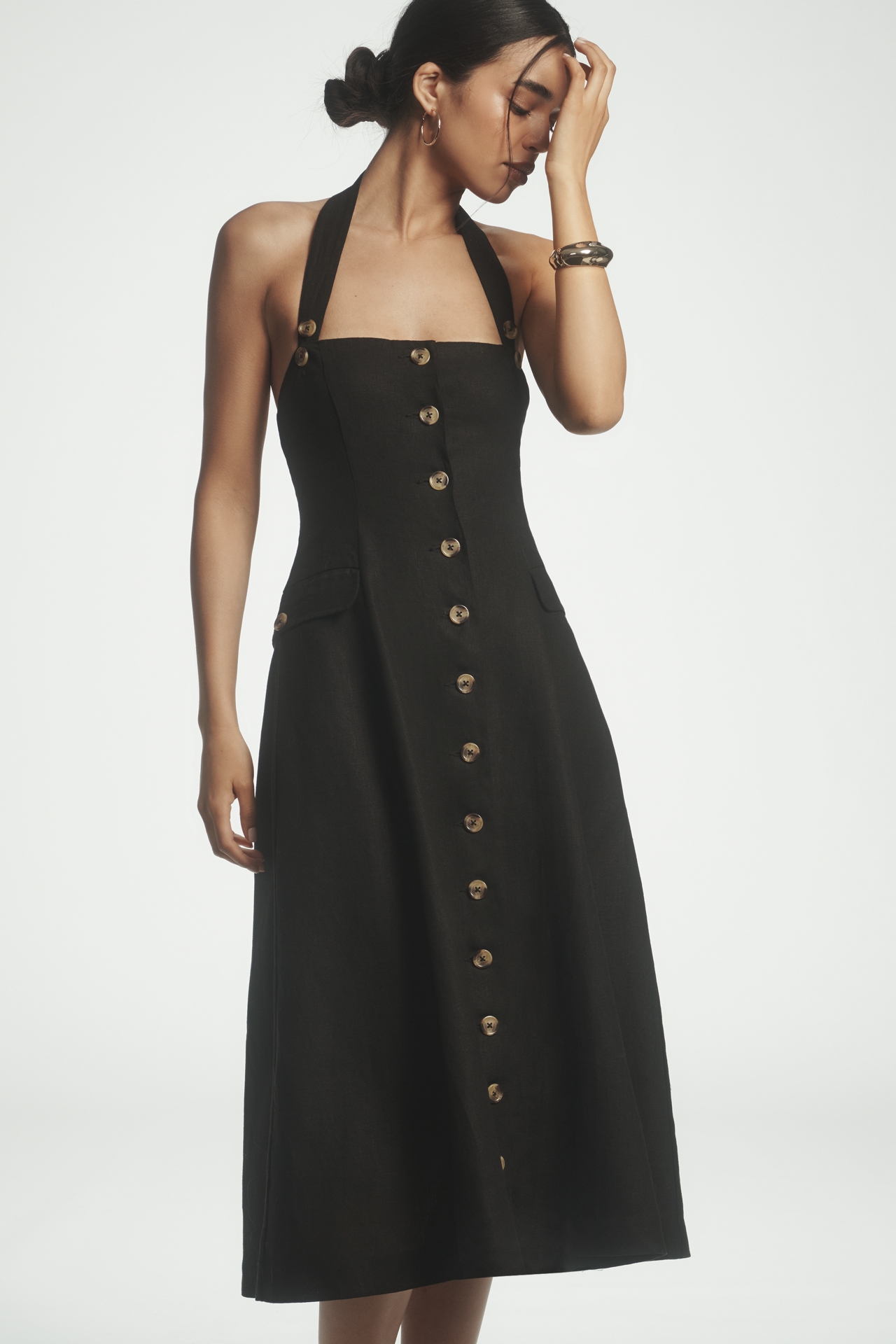 Mille Isla Linen Halter Square-Neck Button-Front Midi Dress