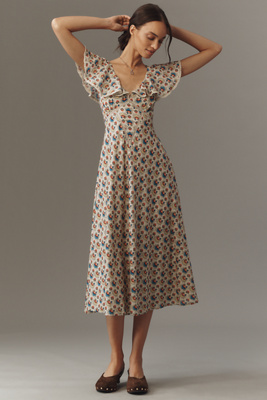 Mille Eloise V-neck Ruffle Midi Dress In Neutral
