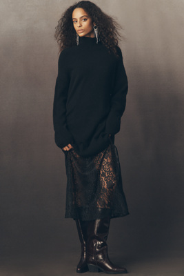 By Anthropologie Sweater Lace Twofer Midi Dress In Black